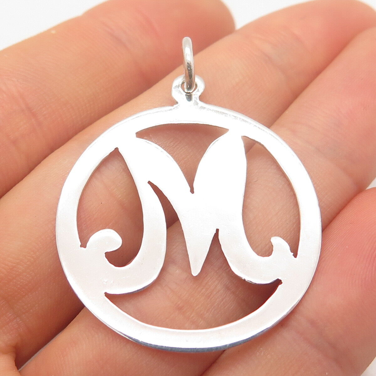 925 Sterling Silver Vintage Letter "M" Initial Round Pendant