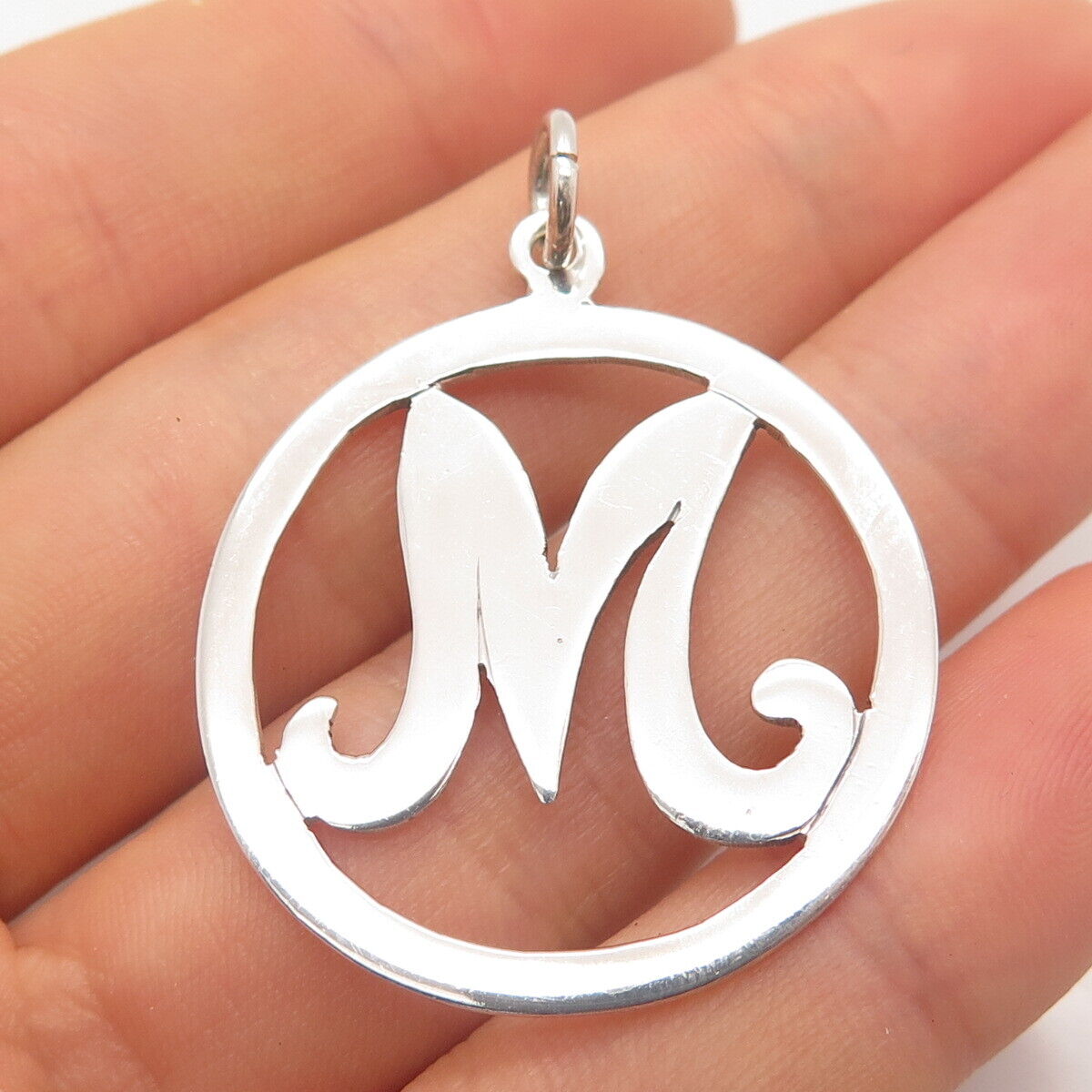 925 Sterling Silver Vintage Letter "M" Initial Round Pendant