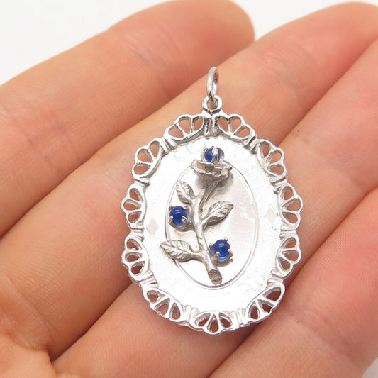 925 Sterling Silver Vintage M & M Blue Glass Floral Pendant