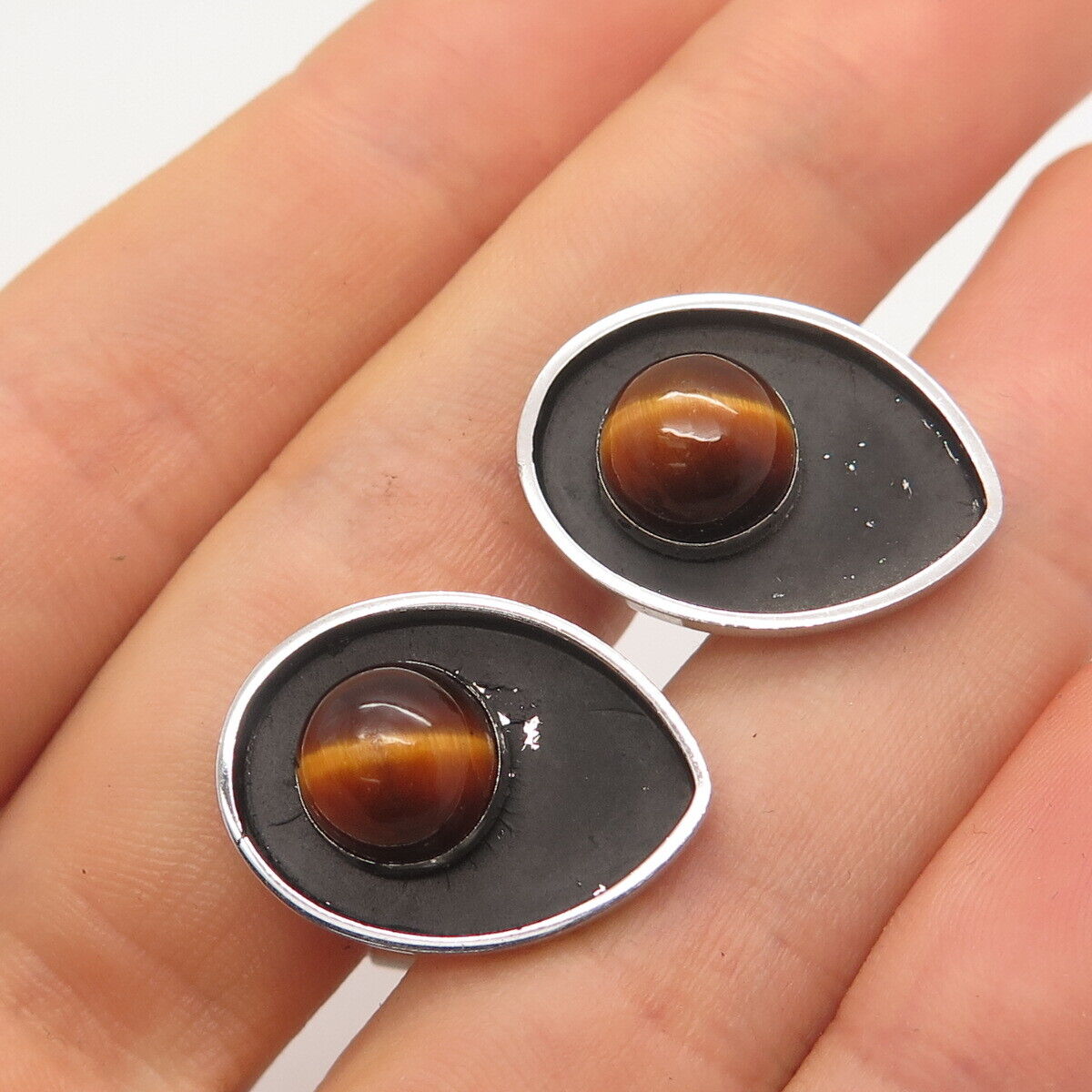 925 Sterling Silver Vintage Hayward Real Tiger Eye Gemstone Cufflinks