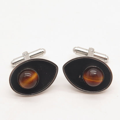 925 Sterling Silver Vintage Hayward Real Tiger Eye Gemstone Cufflinks