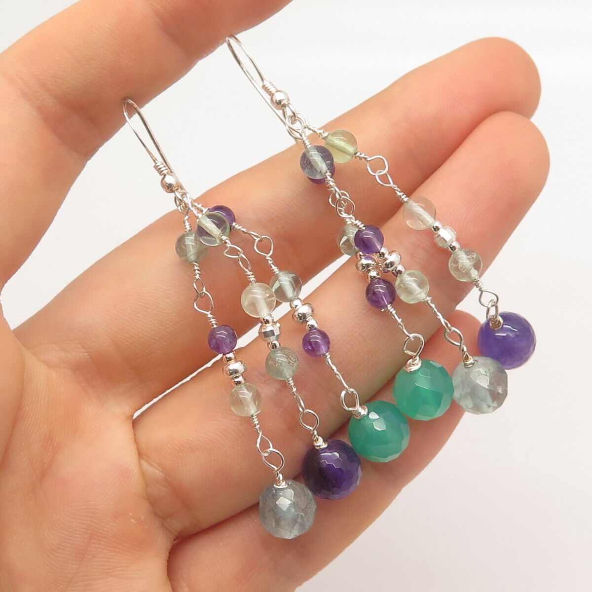 925 Sterling Silver Vintage Green Chalcedony & Amethyst Gem Dangling Earrings