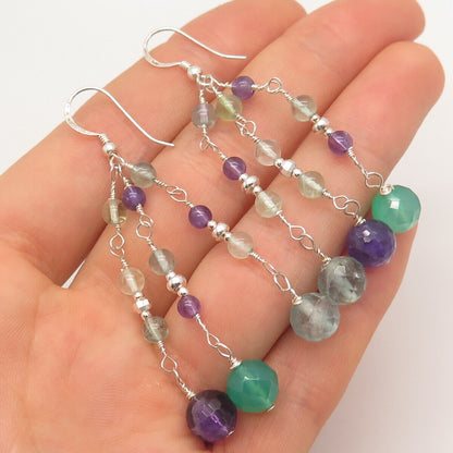 925 Sterling Silver Vintage Green Chalcedony & Amethyst Gem Dangling Earrings