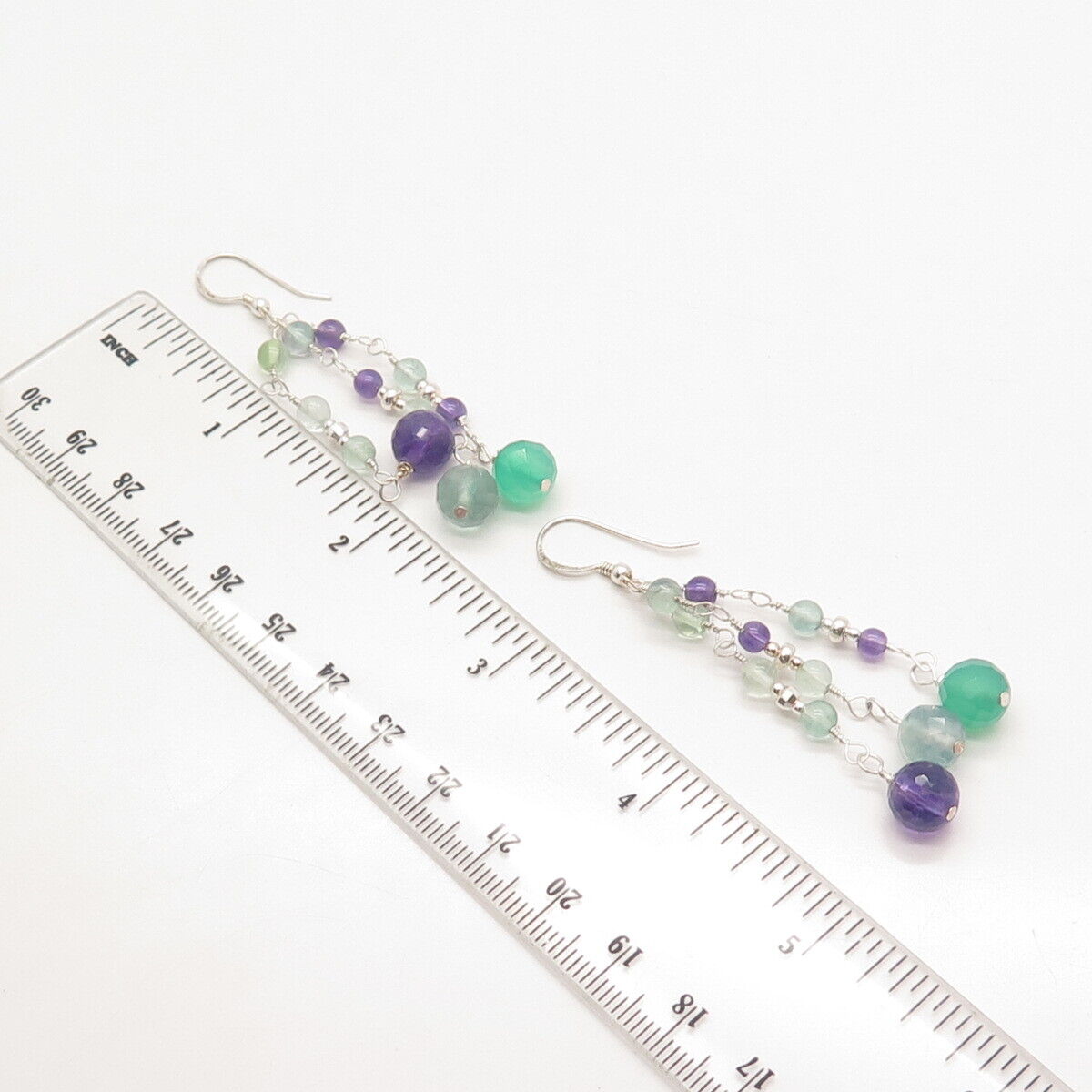 925 Sterling Silver Vintage Green Chalcedony & Amethyst Gem Dangling Earrings