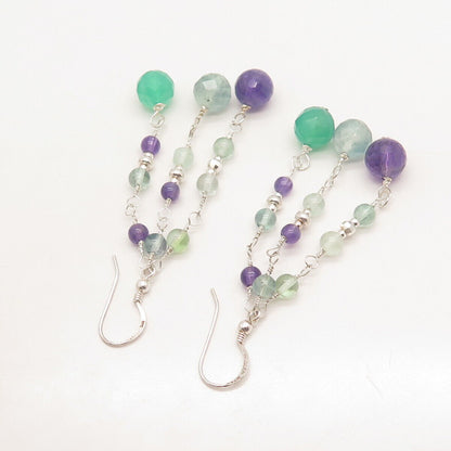 925 Sterling Silver Vintage Green Chalcedony & Amethyst Gem Dangling Earrings