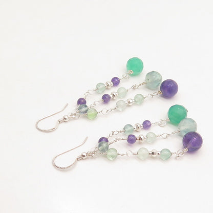 925 Sterling Silver Vintage Green Chalcedony & Amethyst Gem Dangling Earrings