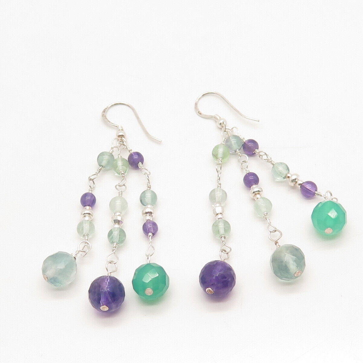 925 Sterling Silver Vintage Green Chalcedony & Amethyst Gem Dangling Earrings