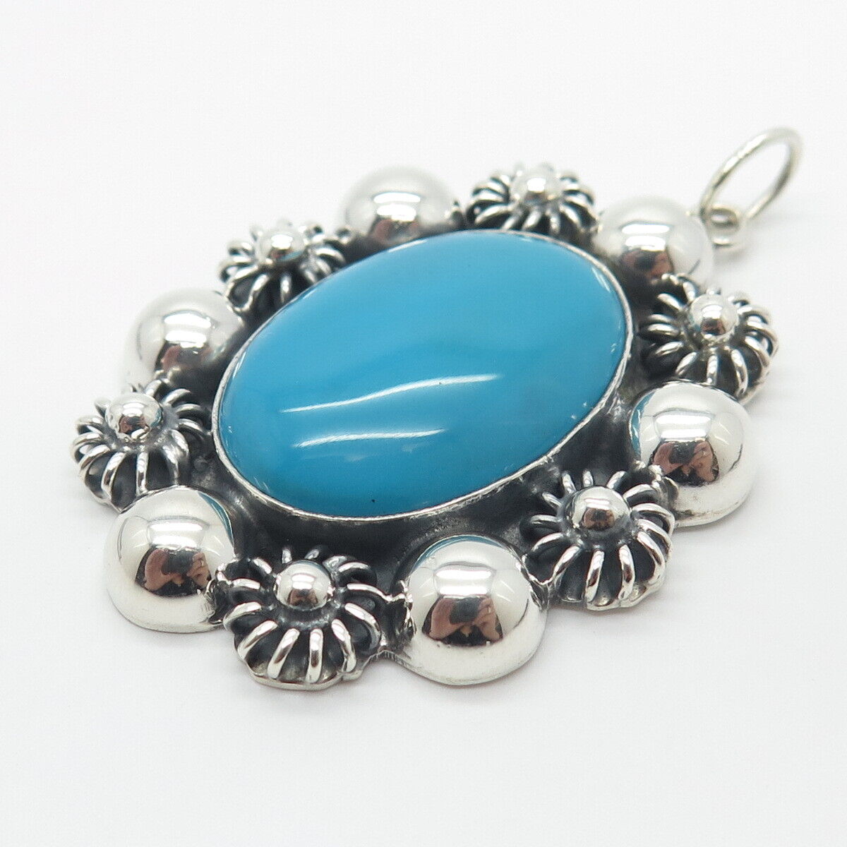 925 Sterling Silver Vintage Mexico Real Turquoise Gemstone Pendant