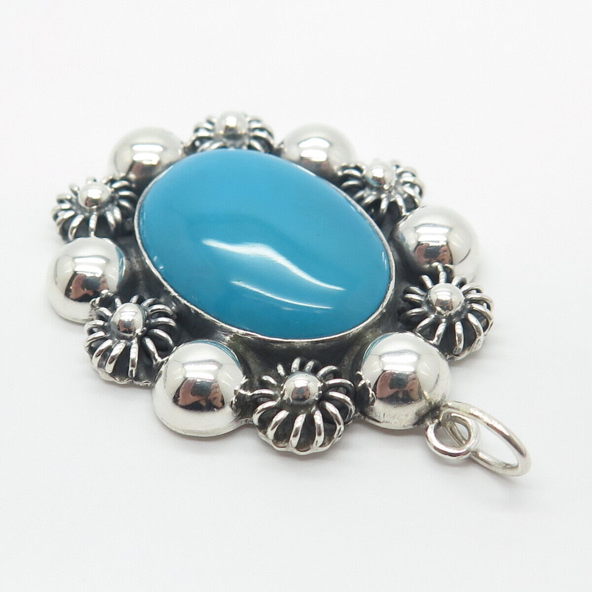 925 Sterling Silver Vintage Mexico Real Turquoise Gemstone Pendant