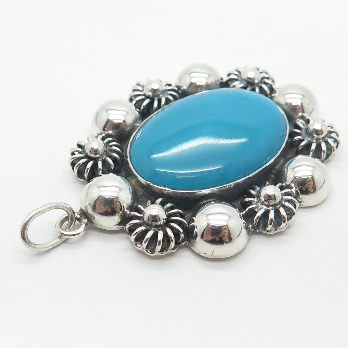 925 Sterling Silver Vintage Mexico Real Turquoise Gemstone Pendant