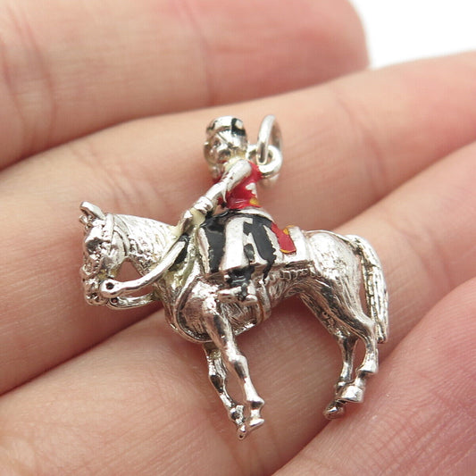 925 Sterling Silver Vintage Colorful Enamel Horse & Rider Pendant