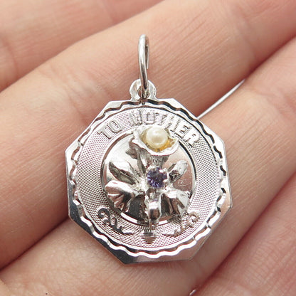 925 Sterling Silver Vintage Real Pearl & Amethyst Gem "To Mother" Floral Pendant