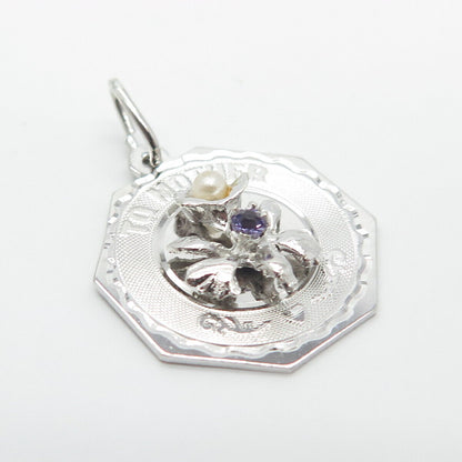 925 Sterling Silver Vintage Real Pearl & Amethyst Gem "To Mother" Floral Pendant