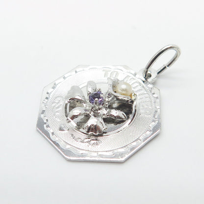 925 Sterling Silver Vintage Real Pearl & Amethyst Gem "To Mother" Floral Pendant