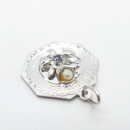 925 Sterling Silver Vintage Real Pearl & Amethyst Gem "To Mother" Floral Pendant