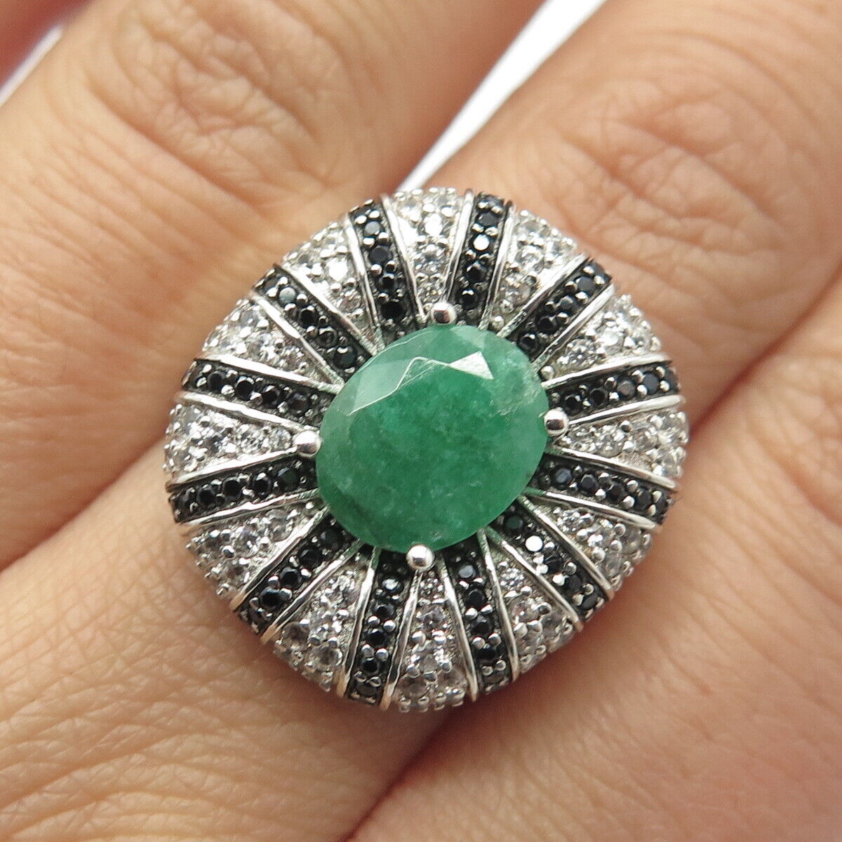 925 Sterling Silver Real Emerald White Topaz & Black Spinel Gemstone Ring Size 8