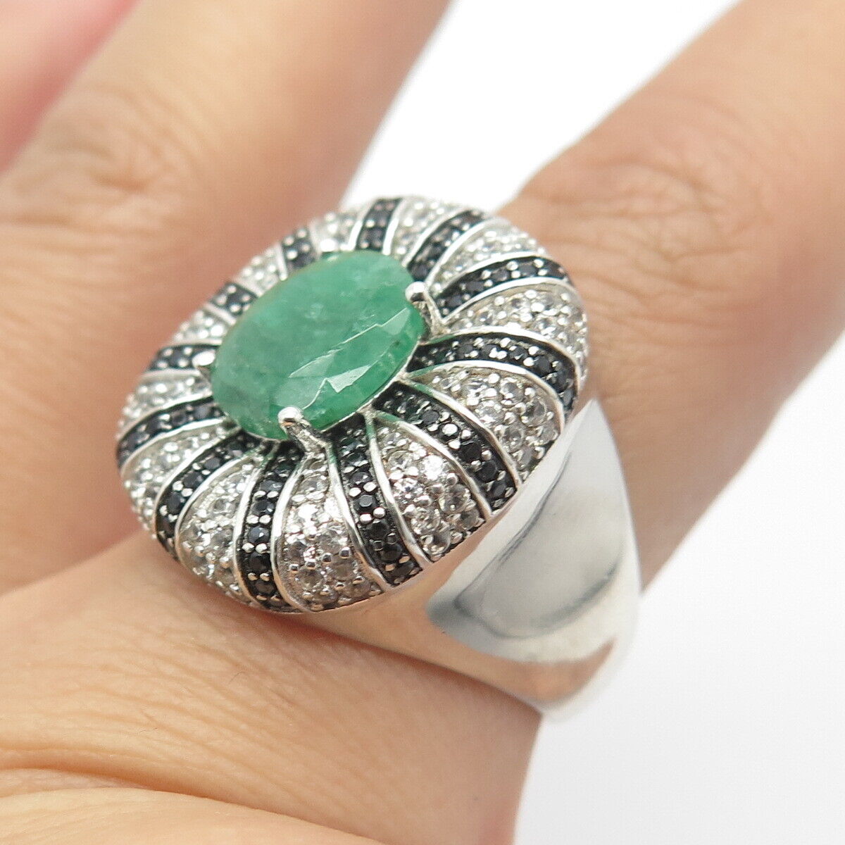 925 Sterling Silver Real Emerald White Topaz & Black Spinel Gemstone Ring Size 8