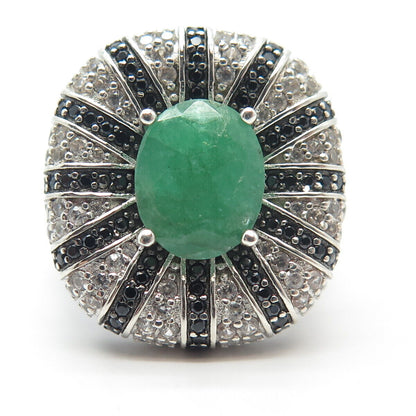 925 Sterling Silver Real Emerald White Topaz & Black Spinel Gemstone Ring Size 8