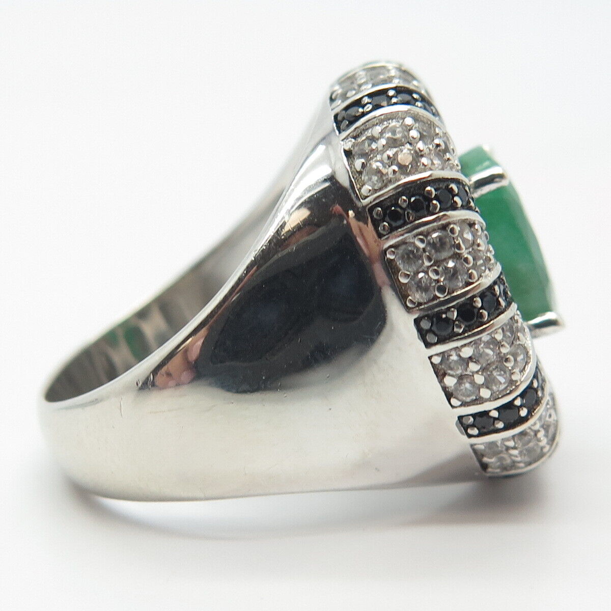 925 Sterling Silver Real Emerald White Topaz & Black Spinel Gemstone Ring Size 8