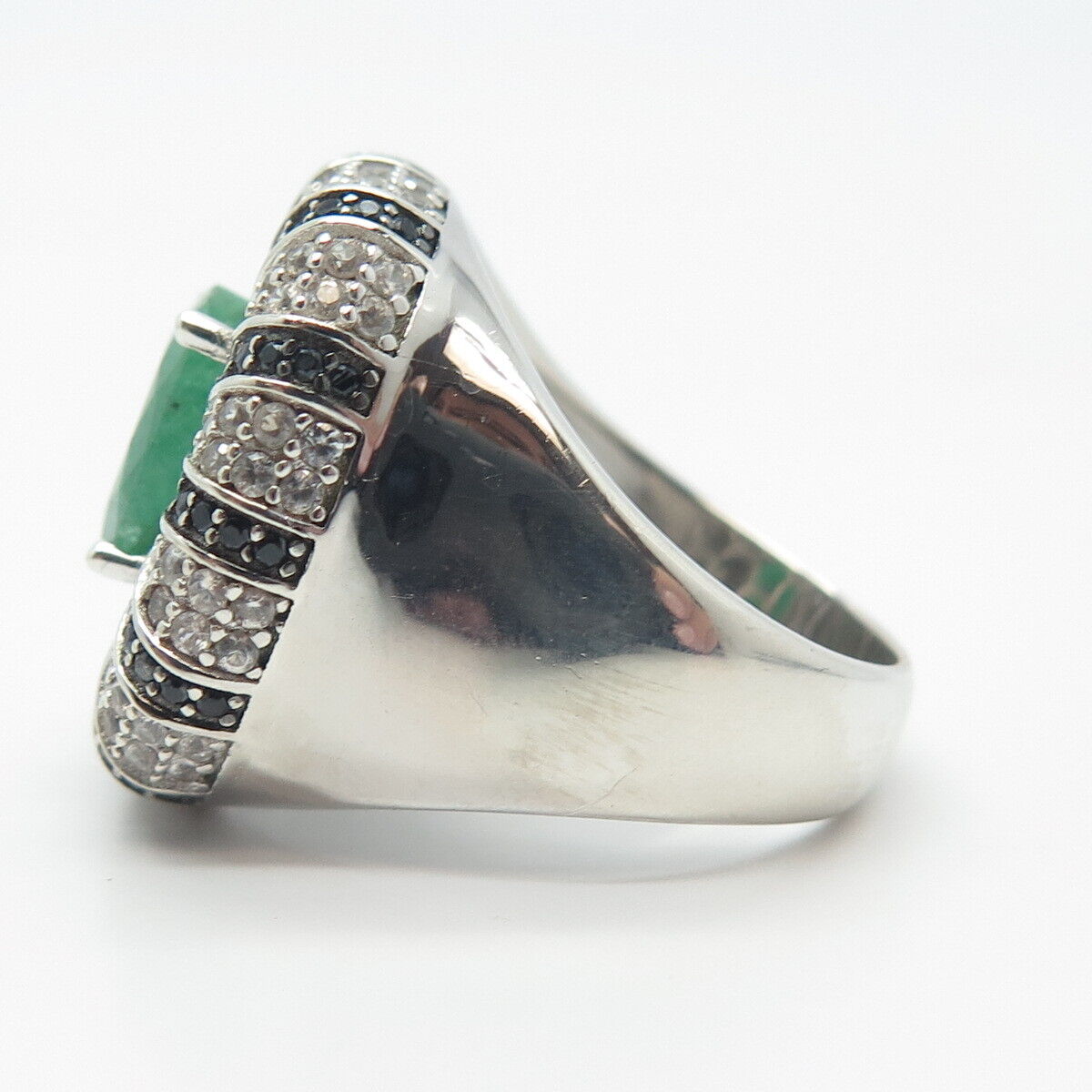 925 Sterling Silver Real Emerald White Topaz & Black Spinel Gemstone Ring Size 8