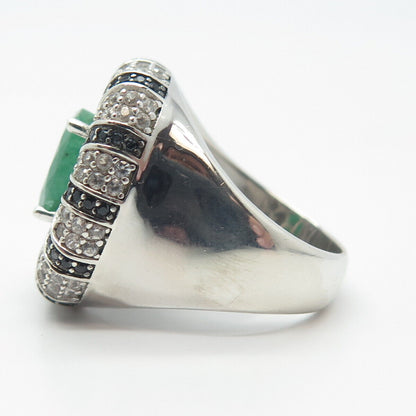 925 Sterling Silver Real Emerald White Topaz & Black Spinel Gemstone Ring Size 8