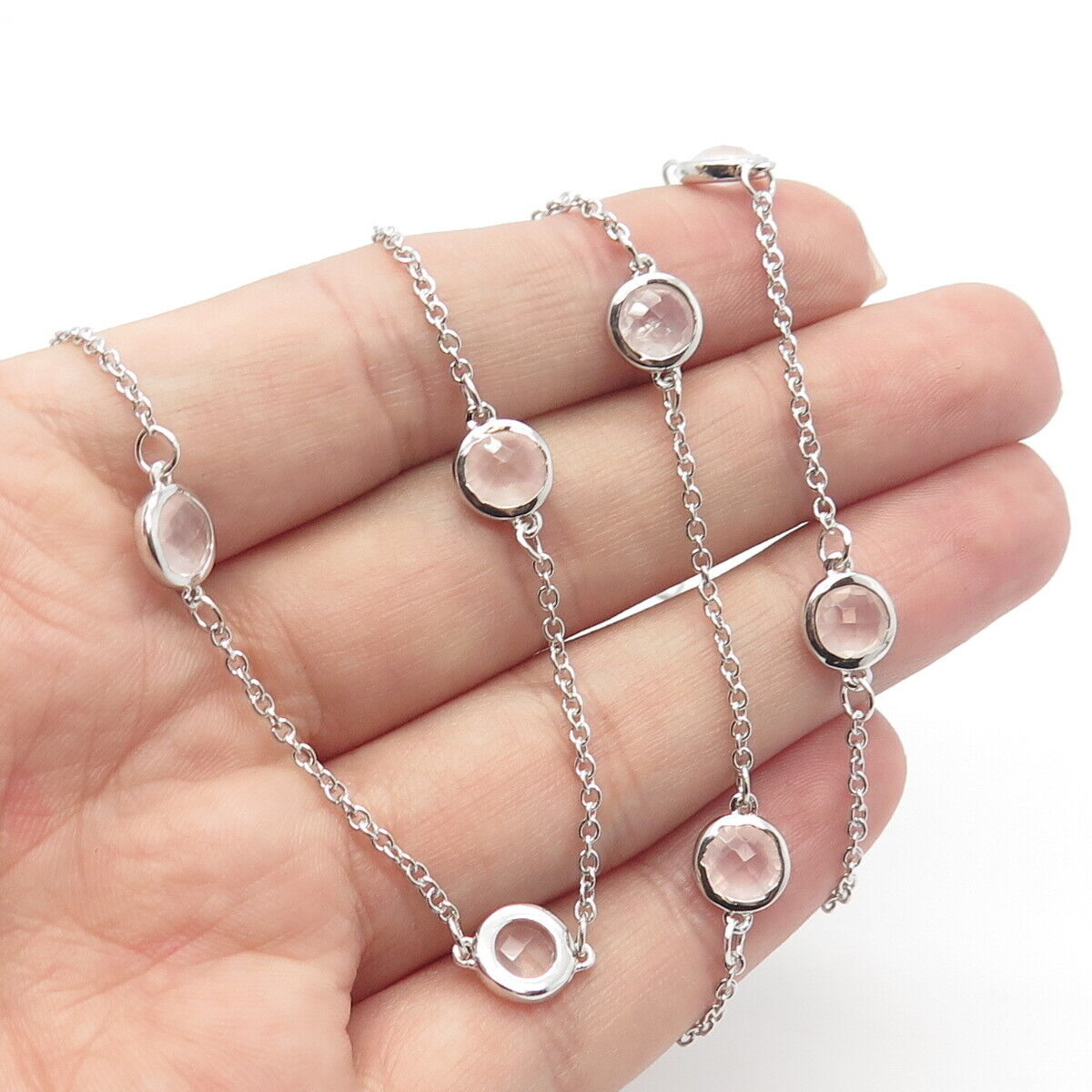 925 Sterling Silver Real Rose Quartz Ball Station Rolo Chain Necklace 18"