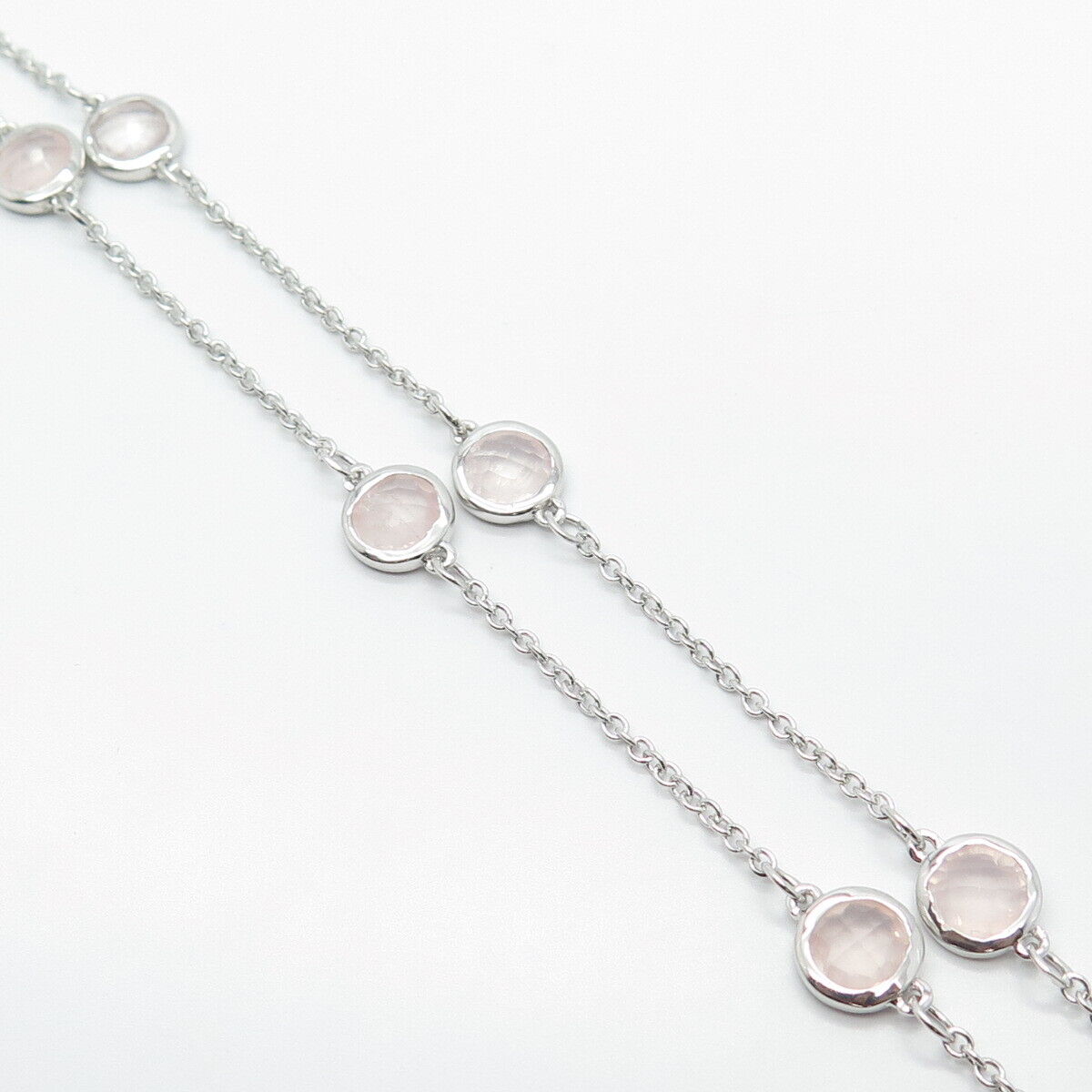 925 Sterling Silver Real Rose Quartz Ball Station Rolo Chain Necklace 18"