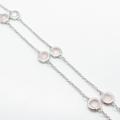 925 Sterling Silver Real Rose Quartz Ball Station Rolo Chain Necklace 18"