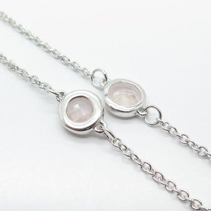 925 Sterling Silver Real Rose Quartz Ball Station Rolo Chain Necklace 18"