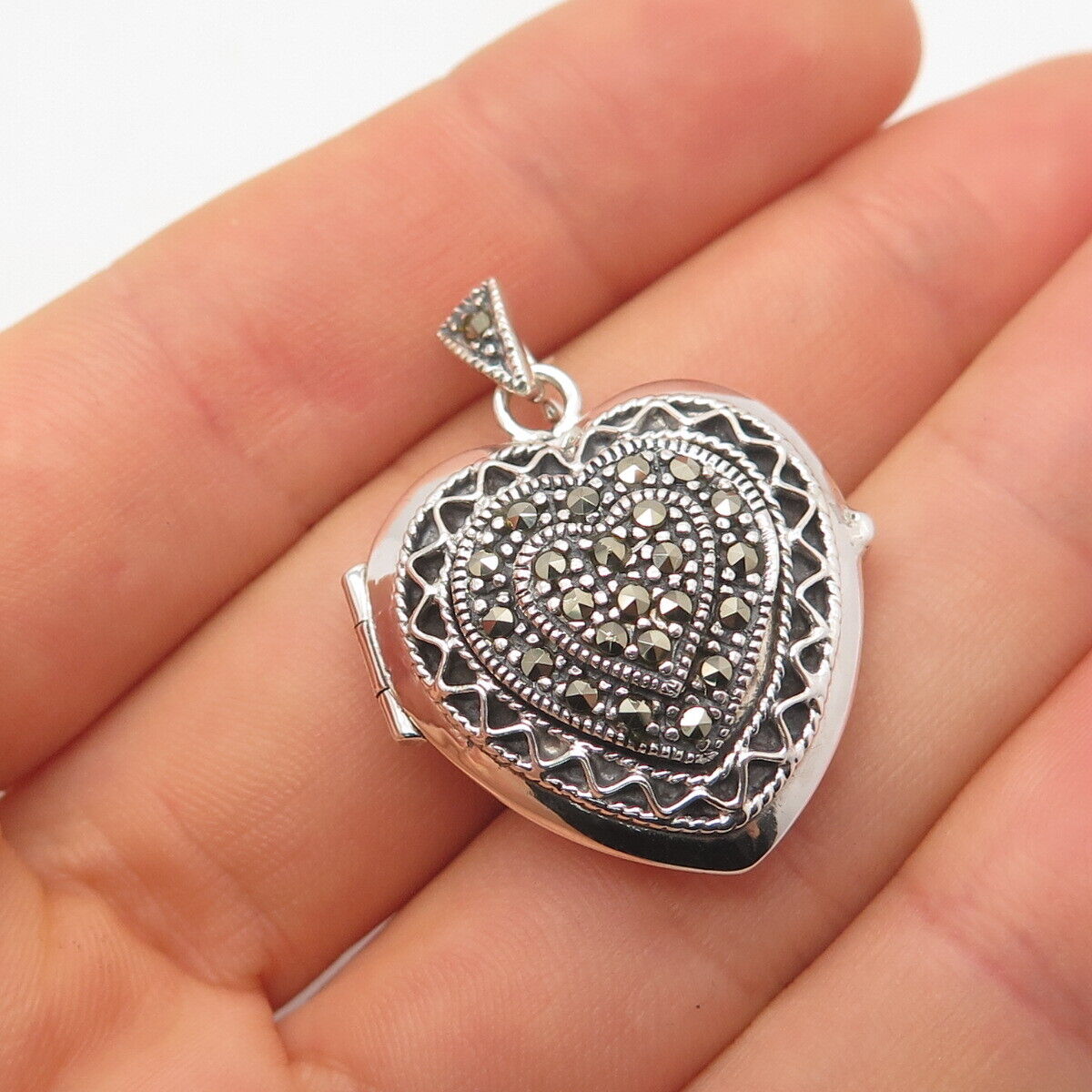 925 Sterling Silver Real Marcasite Gem Heart Locket Pendant