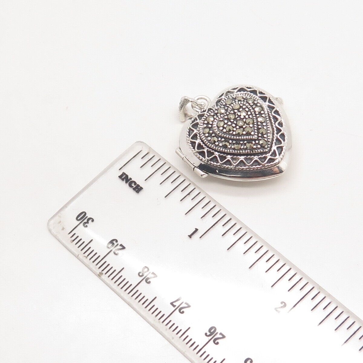 925 Sterling Silver Real Marcasite Gem Heart Locket Pendant