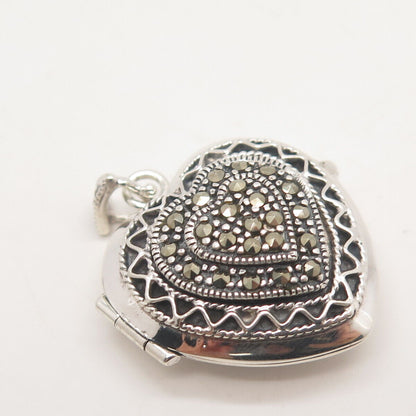 925 Sterling Silver Real Marcasite Gem Heart Locket Pendant