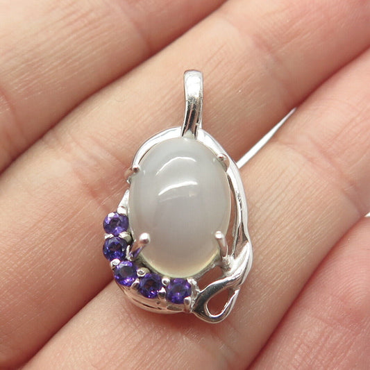 925 Sterling Silver Vintage Real Fiber Optic Cat's Eye & Amethyst Gem Pendant