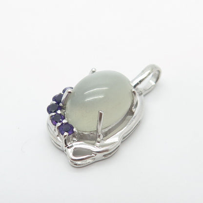 925 Sterling Silver Vintage Real Fiber Optic Cat's Eye & Amethyst Gem Pendant