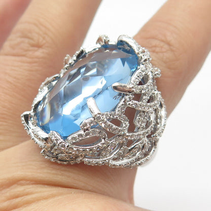 925 Sterling Silver Blue Glass & C Z Statement Ring Size 8