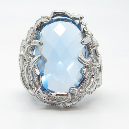 925 Sterling Silver Blue Glass & C Z Statement Ring Size 8