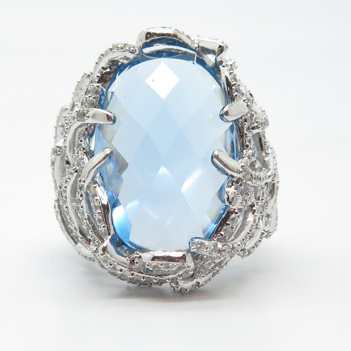 925 Sterling Silver Blue Glass & C Z Statement Ring Size 8