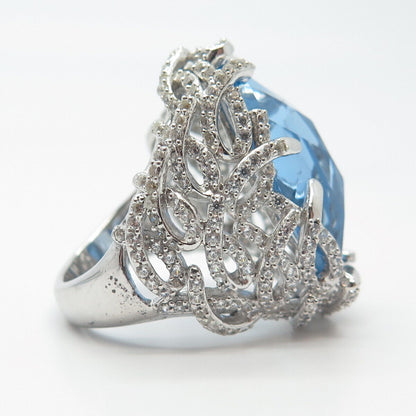 925 Sterling Silver Blue Glass & C Z Statement Ring Size 8