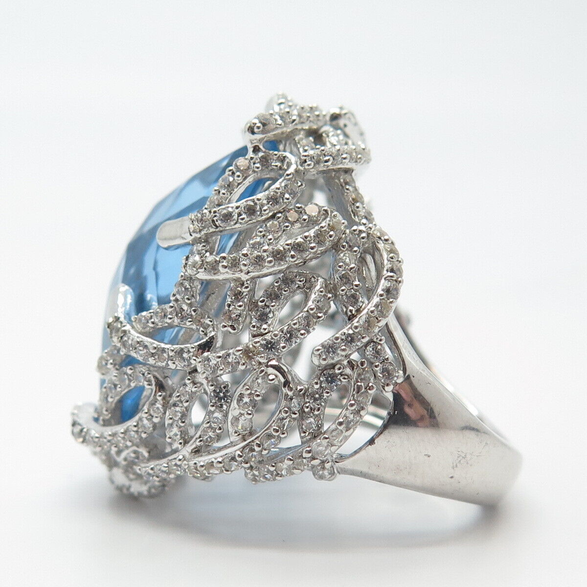 925 Sterling Silver Blue Glass & C Z Statement Ring Size 8