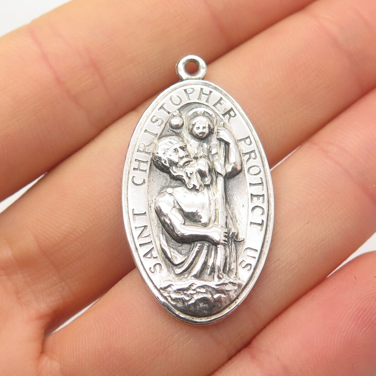 925 Sterling Silver Vintage St. Christopher Religious Oval Pendant