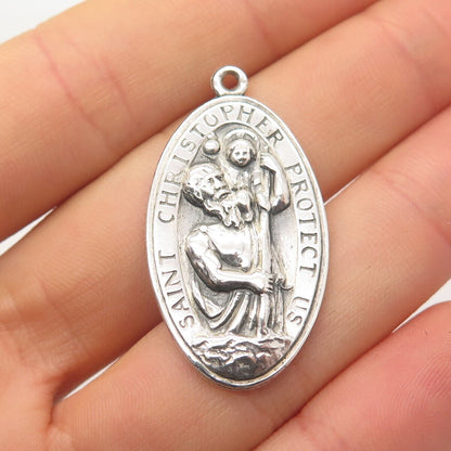 925 Sterling Silver Vintage St. Christopher Religious Oval Pendant