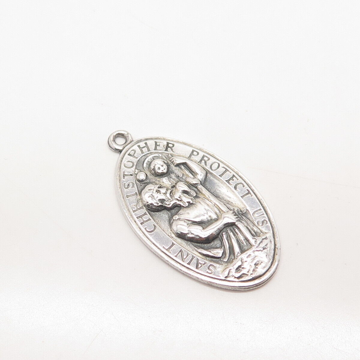 925 Sterling Silver Vintage St. Christopher Religious Oval Pendant