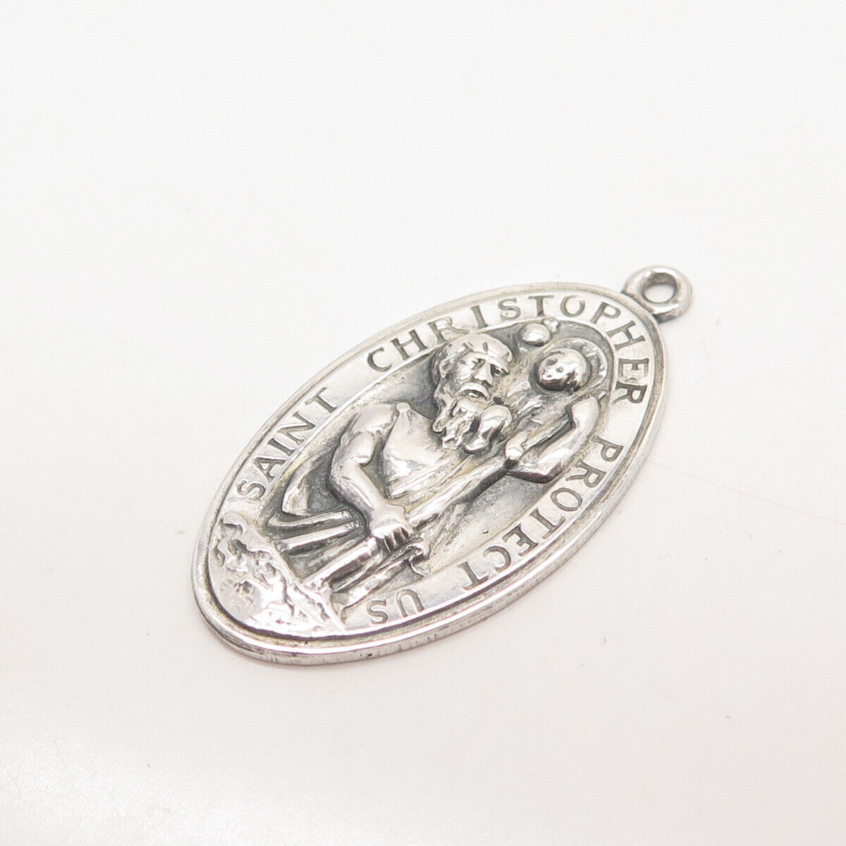 925 Sterling Silver Vintage St. Christopher Religious Oval Pendant