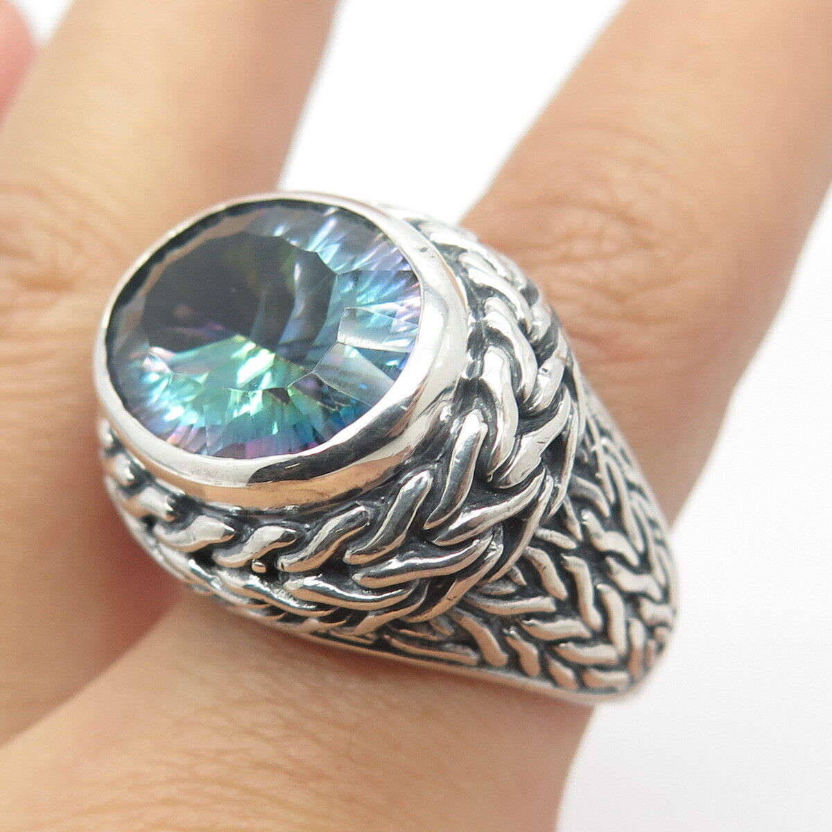 925 Sterling Silver Vintage Real Mystic Quartz Celtic Domed Ring Size 10.25