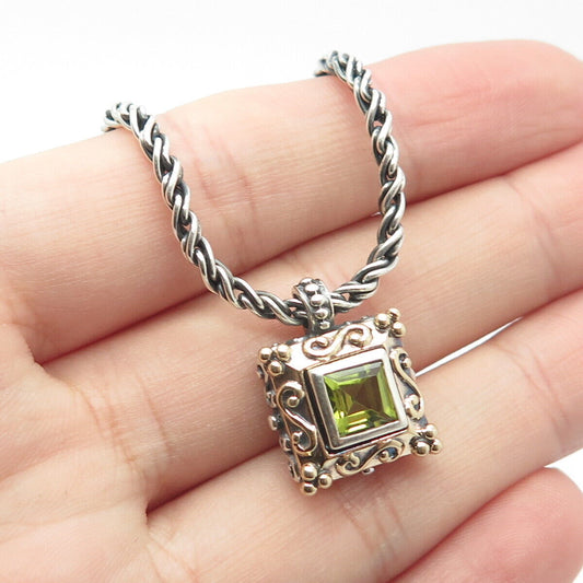 925 Sterling Silver / 14K Gold Vintage Peridot Gem Twisted Chain Necklace 16"