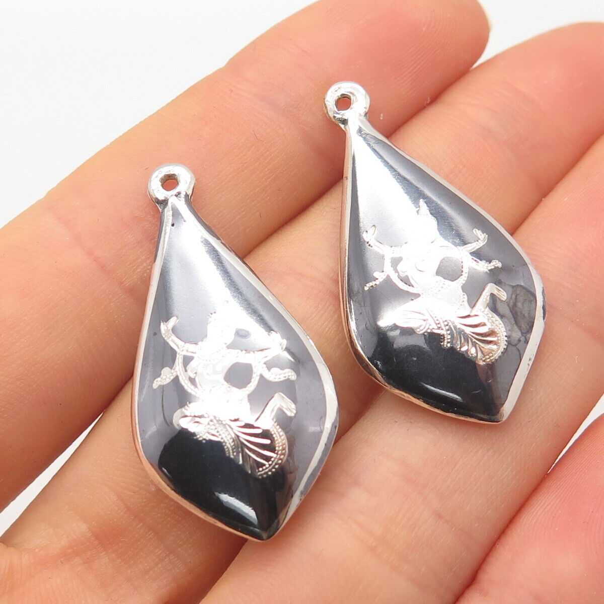 925 Sterling Silver Vintage Niello Hindu Goddess Jacket Earrings