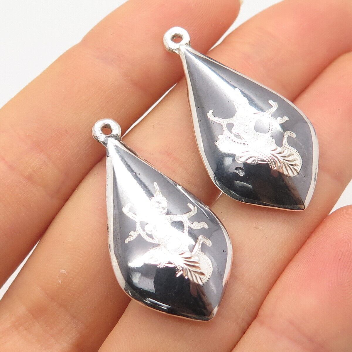 925 Sterling Silver Vintage Niello Hindu Goddess Jacket Earrings