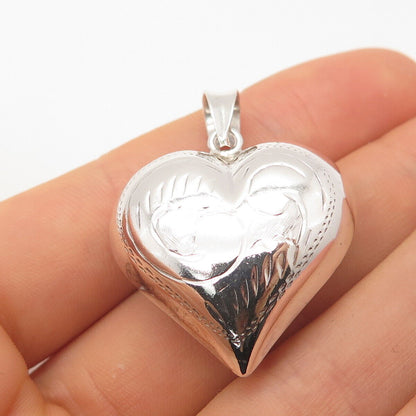 925 Sterling Silver Vintage Etched Heart Puffy Pendant