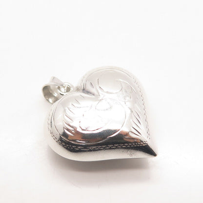 925 Sterling Silver Vintage Etched Heart Puffy Pendant