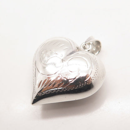 925 Sterling Silver Vintage Etched Heart Puffy Pendant